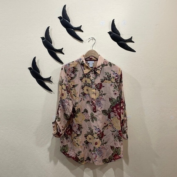 Soft Surroundings Tops - Soft Surroundings Silk Blend Pink Cottage Floral Print Popover Blouse - L